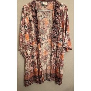 Knox Rose Kimono Duster Size M Cardigan Open Floral Crinkle Rayon Boho Topper